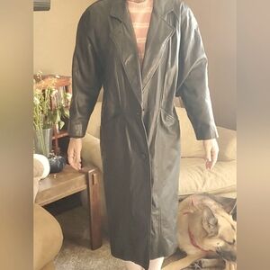 Ladies Vintage Trench Coat Black Leather Size Small